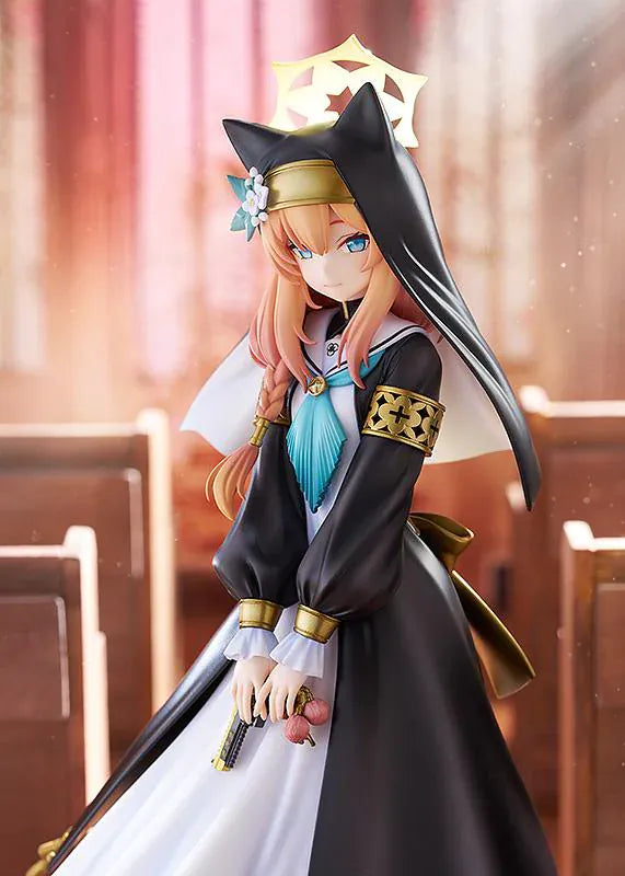 Blue Archive Mari 1/7 scale figure rerelease wearing a black-and-white nun-inspired dress with gold accents and peach-colored hair