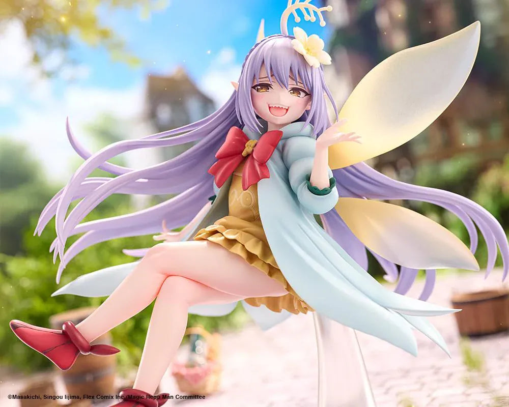 Magic Repo Man Empee 1/1 Scale Figure featuring a cheerful lavender-haired fairy with golden wings, a yellow dress, mint-green jacket, red bow, and matching shoes in a playful floating pose.