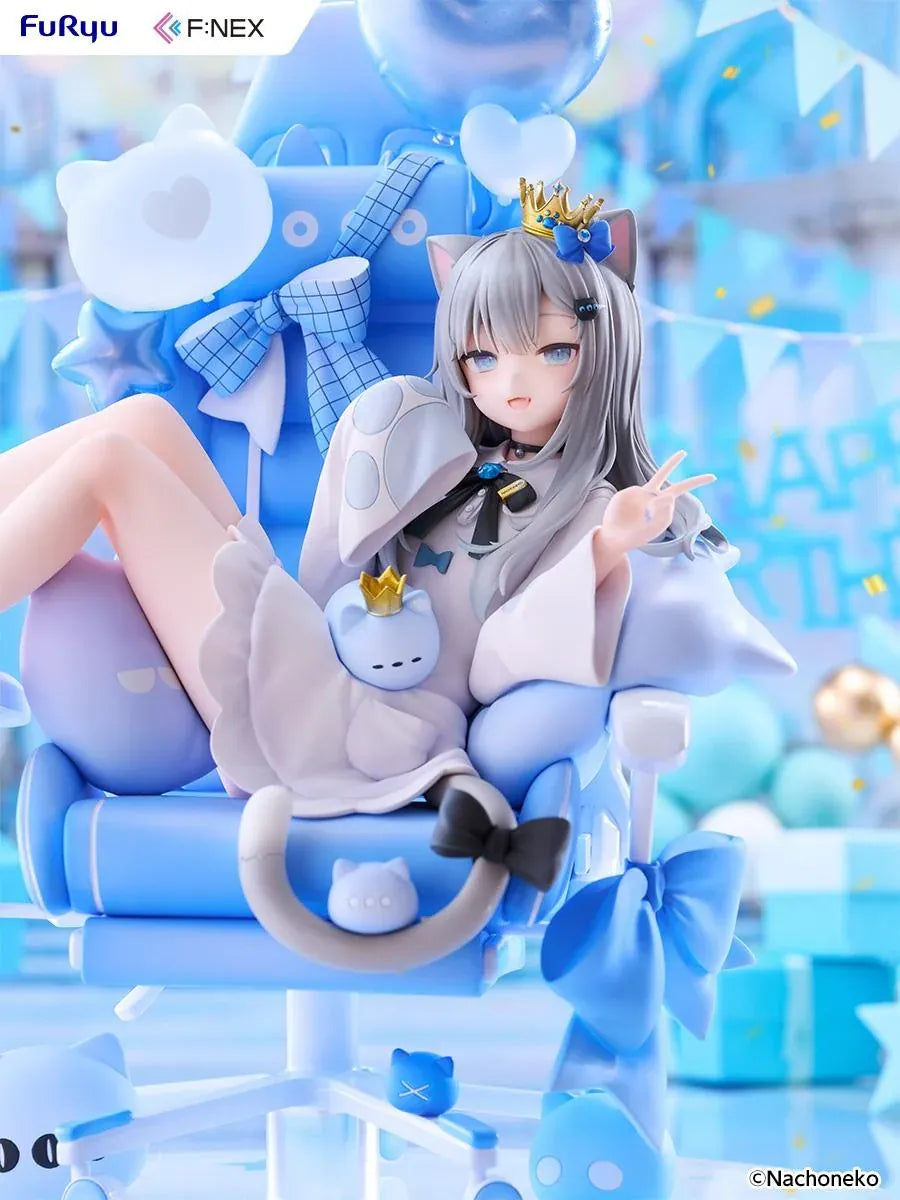 Nachoneko Birthday Ver. 1/7 Scale Figure by FuRyu F featuring a silver-haired cat girl with a golden crown relaxing in a blue gaming chair decorated with balloons, ribbons, and cat accessories.