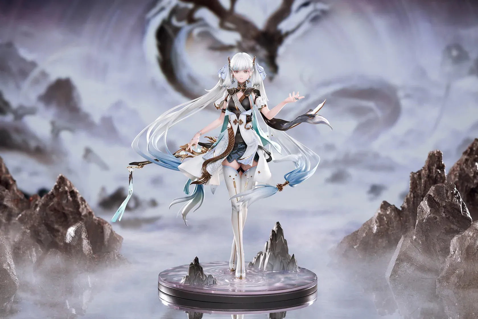 Wuthering Waves Jinhsi 1/7 Scale Figure with long white hair, elegant blue and gold outfit, flowing accessories, water-style display base, and bonus item