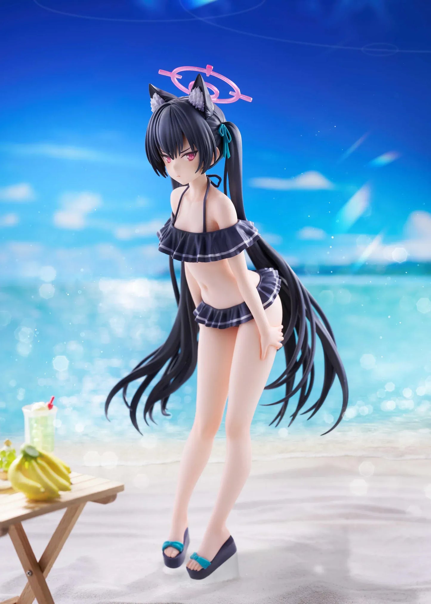 Blue Archive Serika Swimsuit 1/7 Scale Figure featuring Serika with long black hair, cat ears, dark frilled swimsuit, pink halo, platform sandals, and display base.