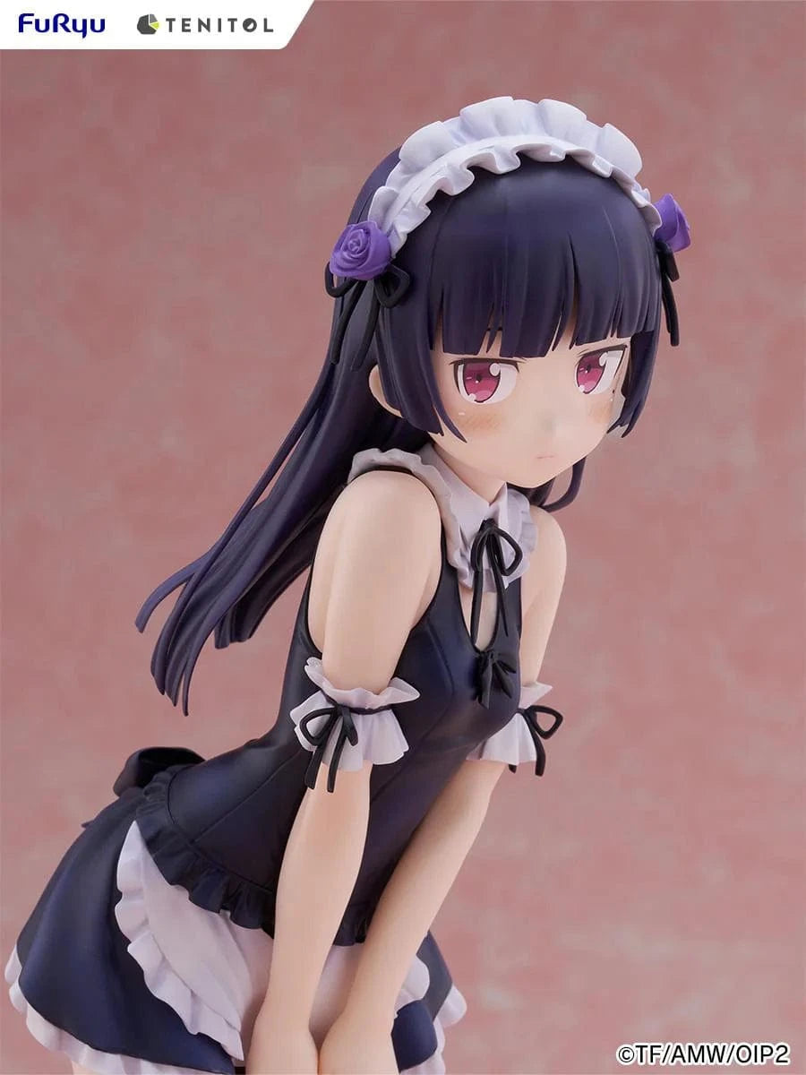 Oreimo Tenitol Tall Kuroneko Swimsuit Maid Ver. Figure featuring Kuroneko in a black-and-white maid swimsuit posing shyly by a dessert table with a beach backdrop