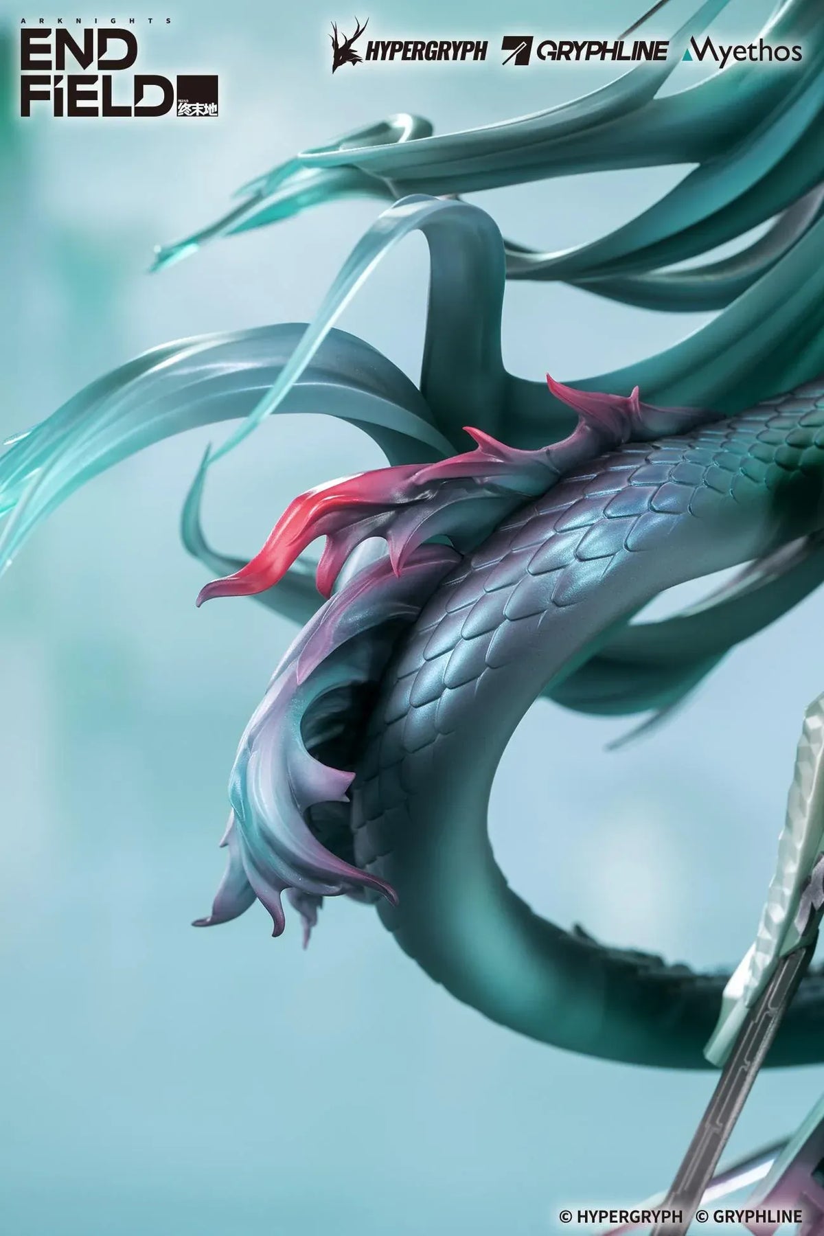 Arknights Endfield Zhuang Fangyi 1/7 scale figure with teal hair and a green outfit, surrounded by a curling dragon and translucent turquoise blades.