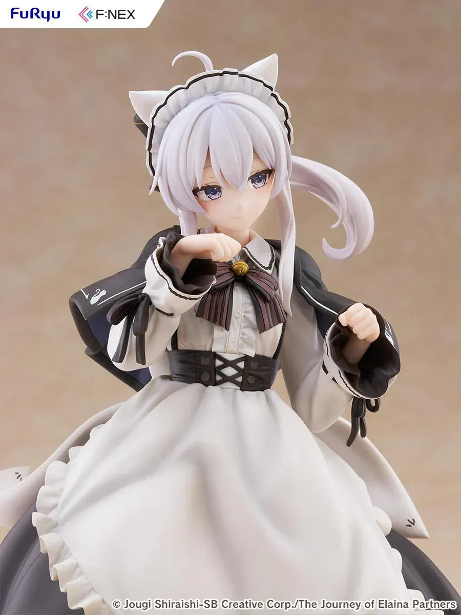 Elaina maid costume with cat ears scale figure from Wandering Witch, standing in a pawing pose with frilled monochrome dress and flowing twin-tail hair.