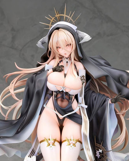 Azur Lane Implacable Special Ver. 1/7 Scale Figure with long blonde hair, black-and-white outfit, gold accents, halo headpiece, and clear display base