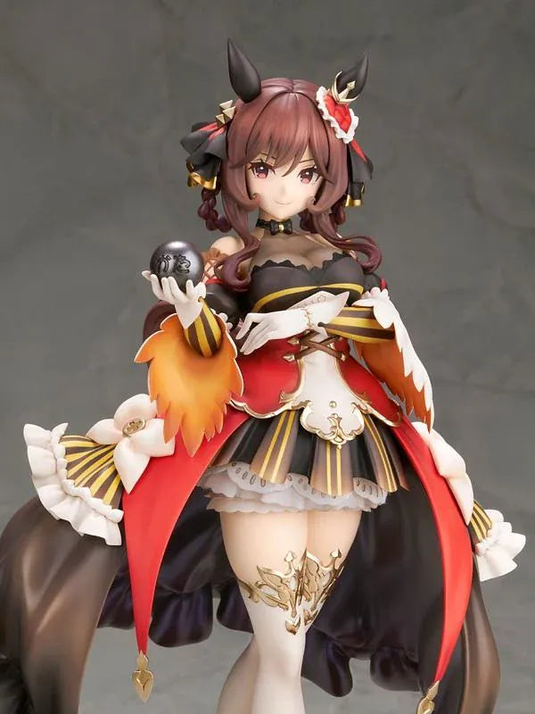 Umamusume Pretty Derby Gentildonna 1/7 Scale Figure featuring a brown-haired horse girl with a playful wink, an elaborate black, red, and gold outfit, flowing decorative fabric, white ruffles, ornate accessories, elegant stockings, and gold-accented heels standing on a red and gold circular display base.
