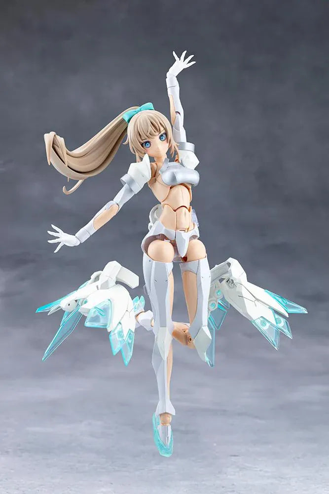 Megalomaria Unlimited Universe Emulator model kit wearing white armor with translucent teal parts and wielding teal weapons.