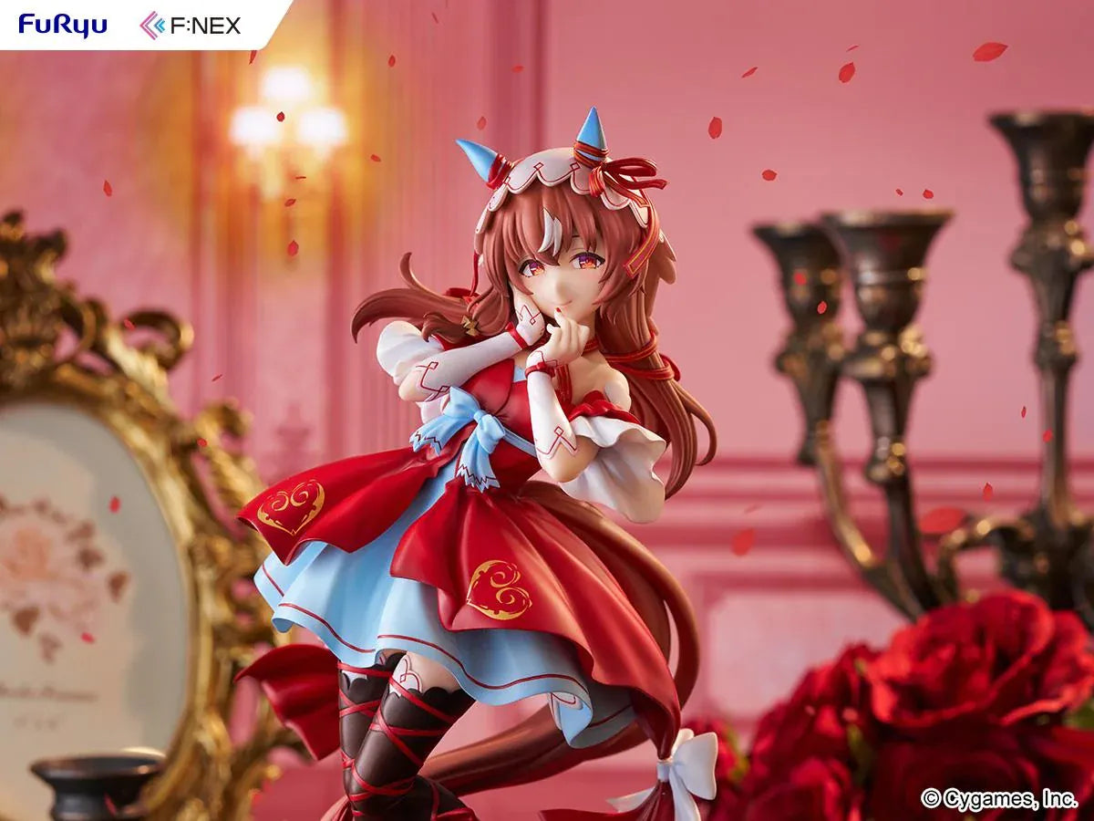 Umamusume Pretty Derby Still in Love 1/7 scale figure in a red and blue performance outfit on a heart-shaped display base