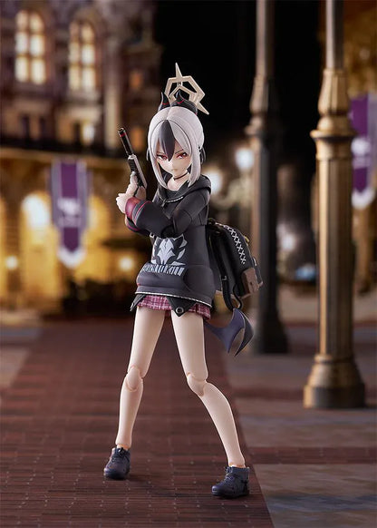 Blue Archive figma Kayoko Onikata Figure with black hoodie, plaid skirt, two-tone hair, halo detail, and tail