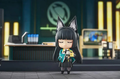 Nendoroid Miyabi Hoshimi with fox ears, black hair, katana, and blue spirit effect part.
