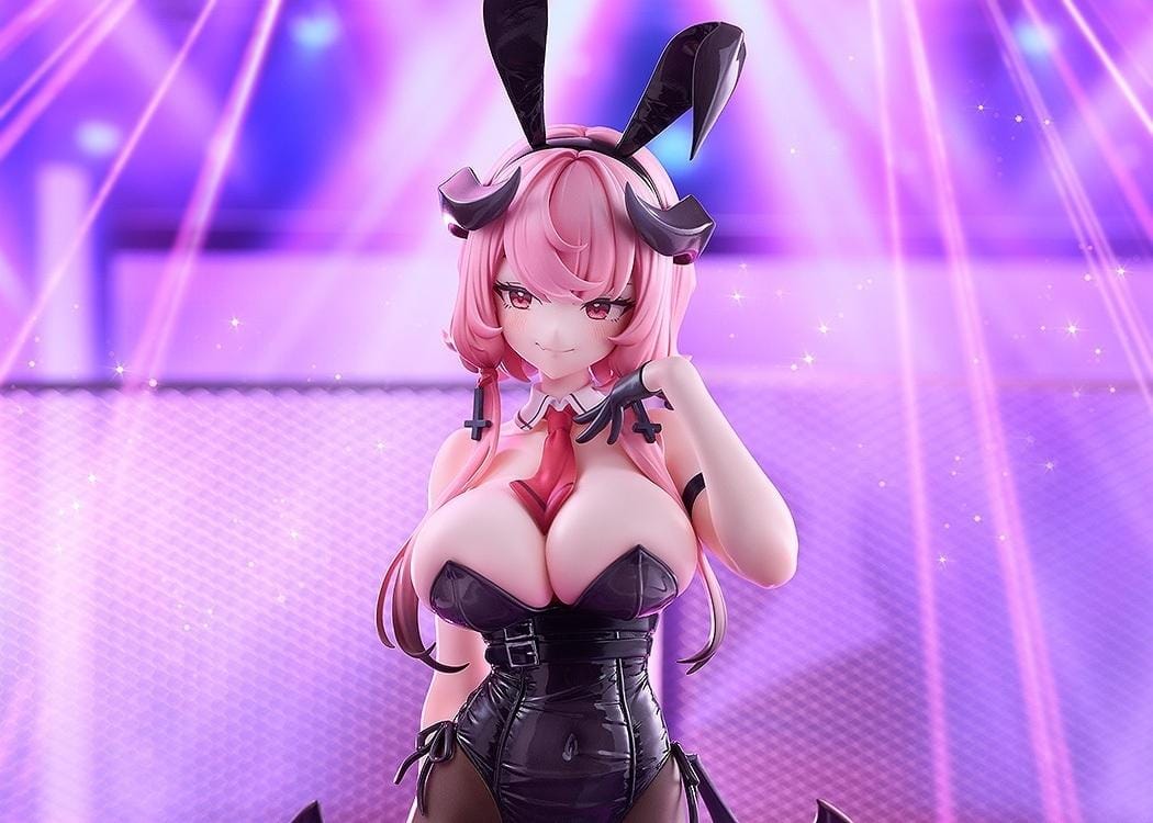 Stella Sora Bernina Bunny Ver. 1/7 Scale Figure featuring a pink-haired anime girl with reddish-pink eyes wearing a black corset-style bunny outfit, tall bunny ears, sheer tights, red heels, and bat-like wings on a purple display base.