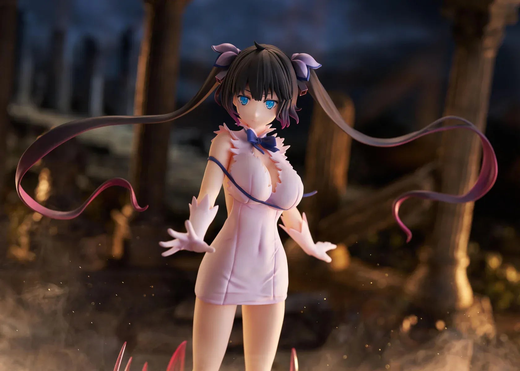 Is It Wrong to Try to Pick Up Girls in a Dungeon V Hestia Divinity Unleashed Limited Edition Ver. 1/7 Scale Figure with twin-tails, white outfit, blue ribbon accents, rocky base, and flame effect parts