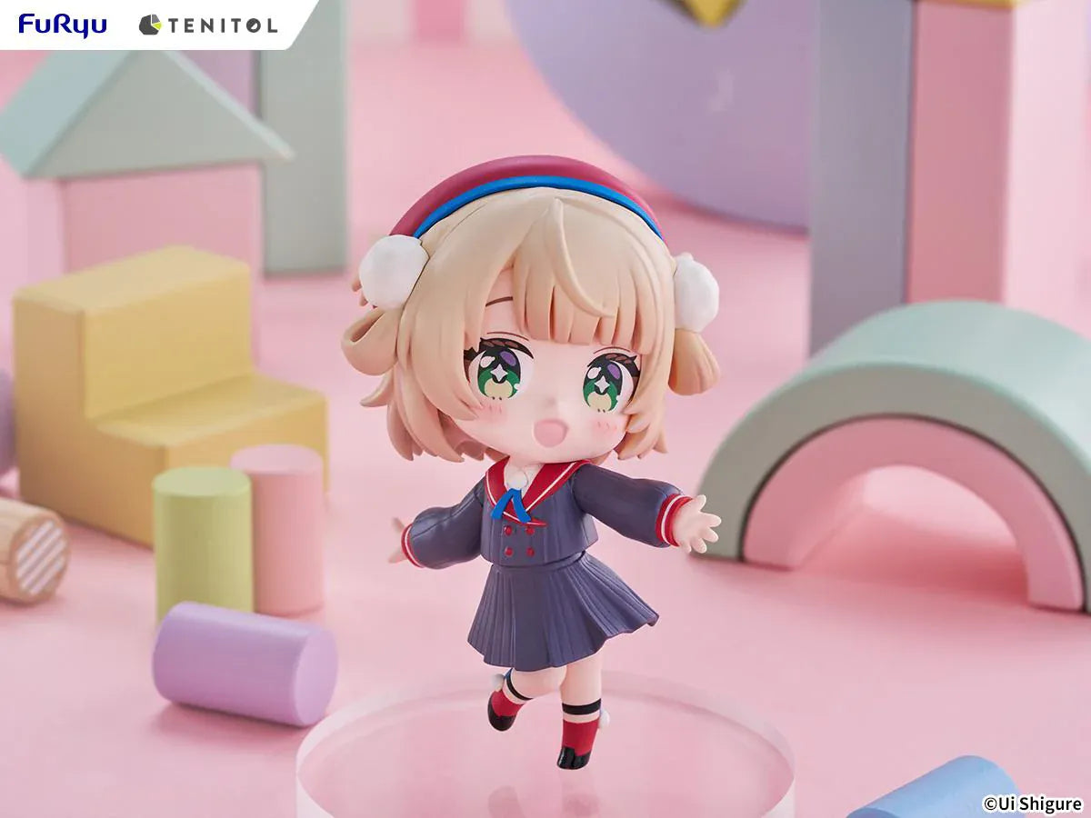 Ui Shigure Tenitol Mini Ui Shigure Figure with blonde hair, green eyes, earmuffs, school uniform outfit, cheerful pose, and round display base