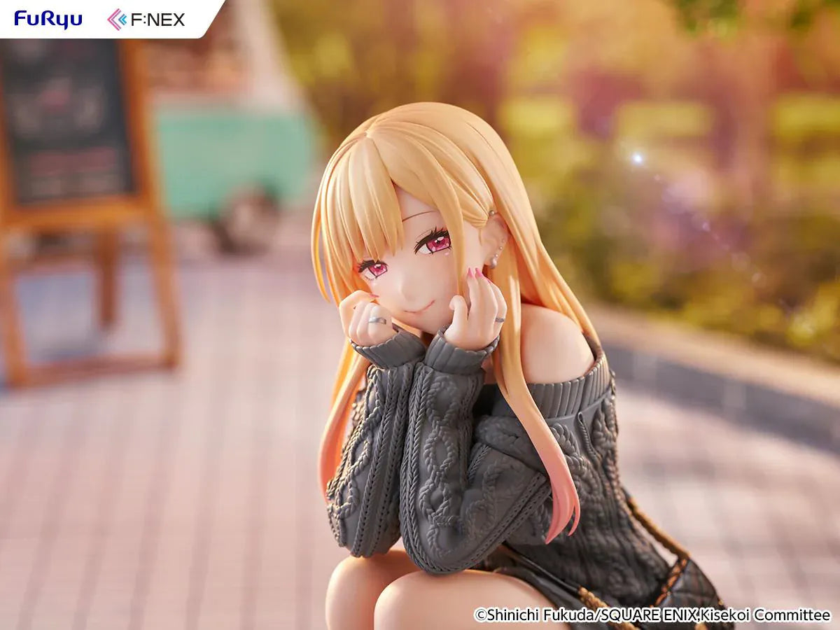 My Dress-Up Darling Kitagawa Marin knit ver. 1/6 Scale Figure featuring Marin with long blonde hair, gray oversized sweater, black boots, quilted bag, and crouching pose.