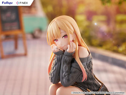 My Dress-Up Darling Kitagawa Marin knit ver. 1/6 Scale Figure featuring Marin with long blonde hair, gray oversized sweater, black boots, quilted bag, and crouching pose.