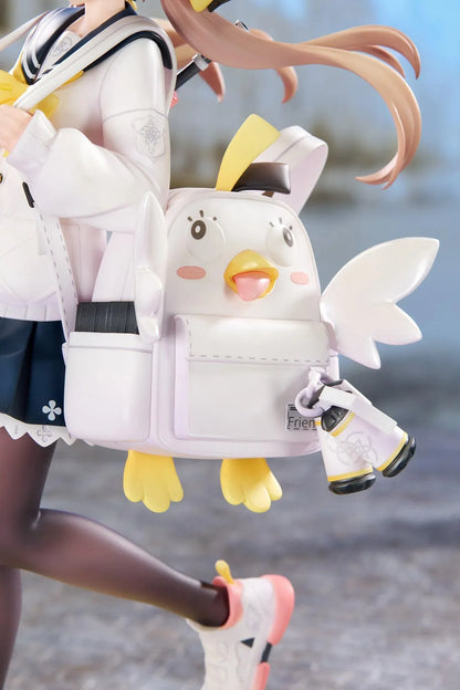 Blue Archive Hifumi figure smiling with one foot lifted, wearing a white cardigan and navy skirt, carrying a bird-themed bag and rifle on a yellow base.