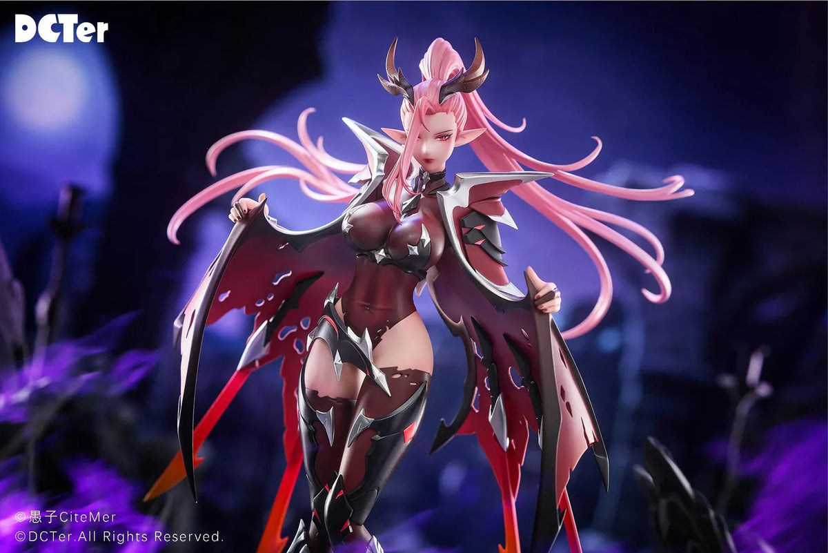 Heslion Draco Bellatrix Feminina 1/7 scale figure with pink hair, curved horns, dark crimson armor, wing-like elements, and a rocky base.