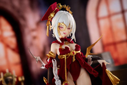 Alchemist Formal Dress Ver. 1/7 Scale Figure featuring a white-haired character in a red formal dress with gold accessories, ornate staff, cape, and red display base.