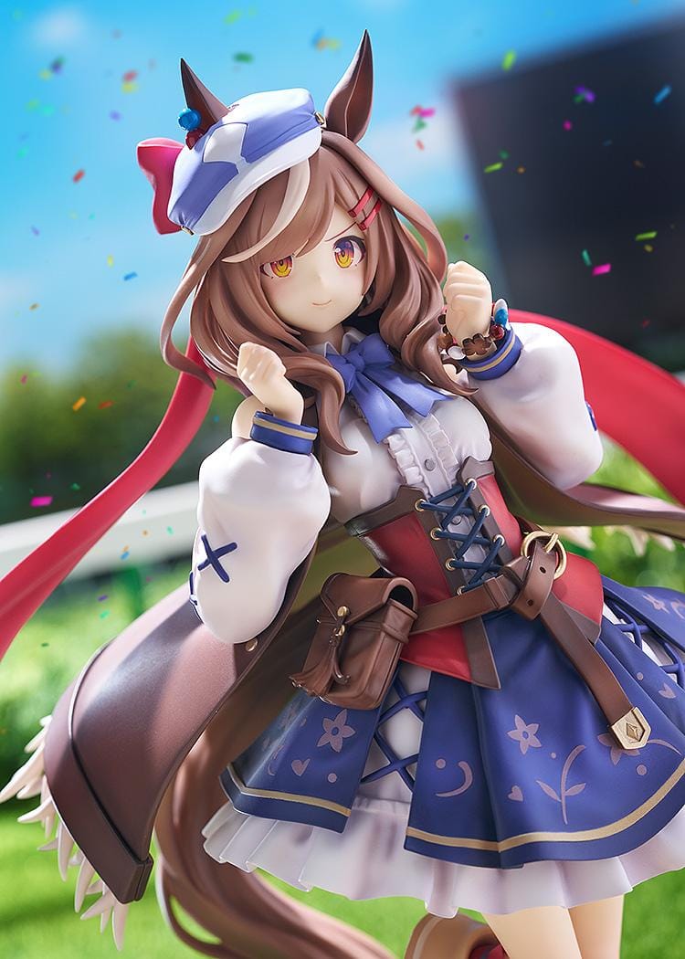 Umamusume Pretty Derby Matikanetannhauser 1/7 scale rerelease figure in a blue-and-red outfit with a flowing cape and themed display base.