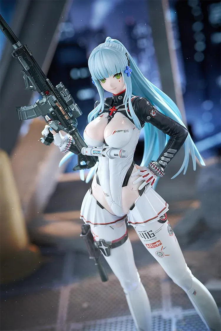Girls' Frontline 2 Exilium Klukai Speed Star figure with light blue hair, a white and black outfit, cap, goggles, and rifle on a blue display base.