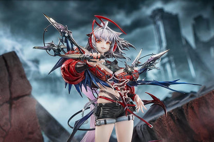 Arknights Wiš'adel 1/7 scale figure with silver-gray hair, red horns, a red-and-black outfit, angular weapon details, and a circular base.