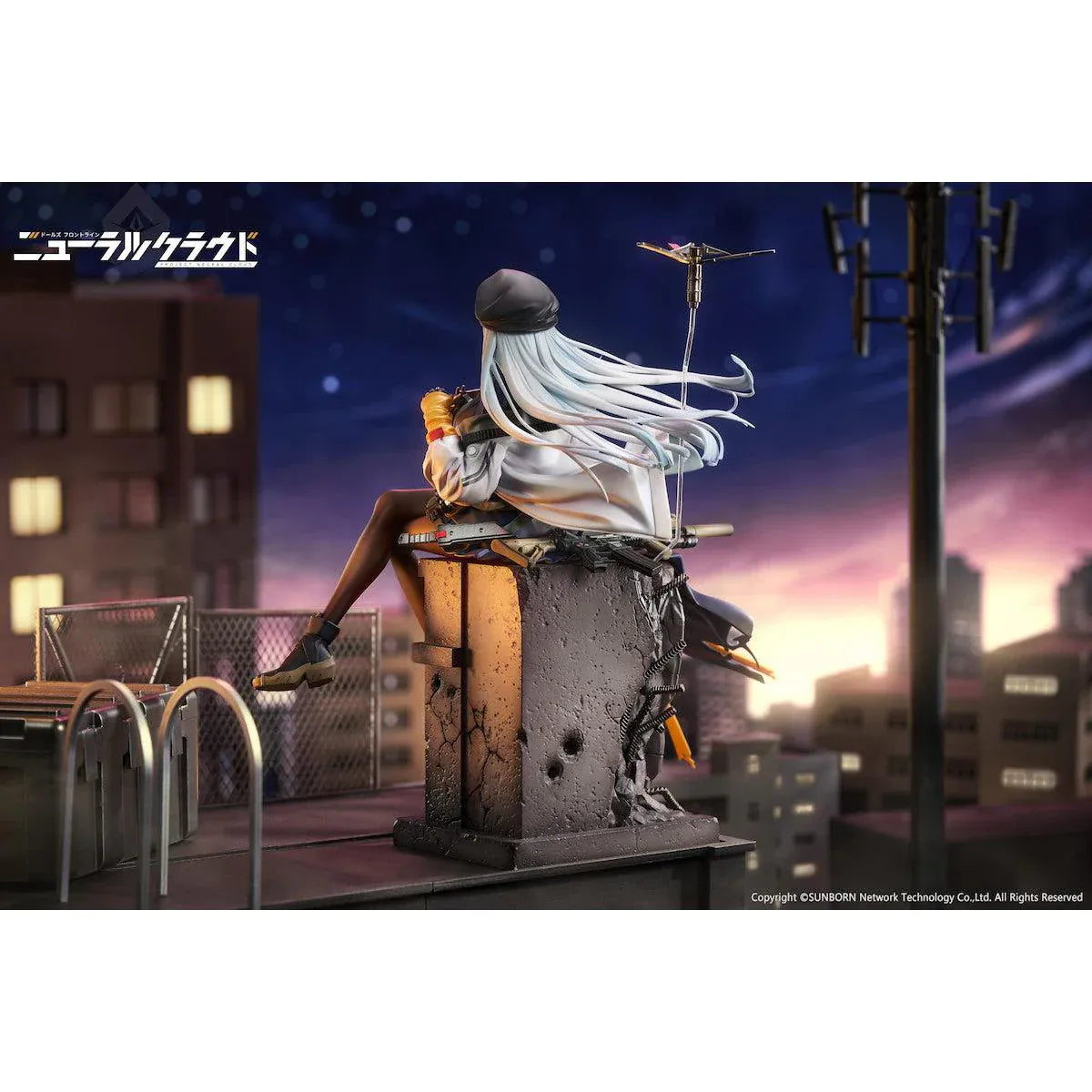 Girls' Frontline Neural Cloud Klukai 1/7 Scale Figure with long silver hair, military-inspired outfit, weapon accessories, seated pose, crate-style base, and bonus item