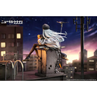 Girls' Frontline Neural Cloud Klukai 1/7 Scale Figure with long silver hair, military-inspired outfit, weapon accessories, seated pose, crate-style base, and bonus item