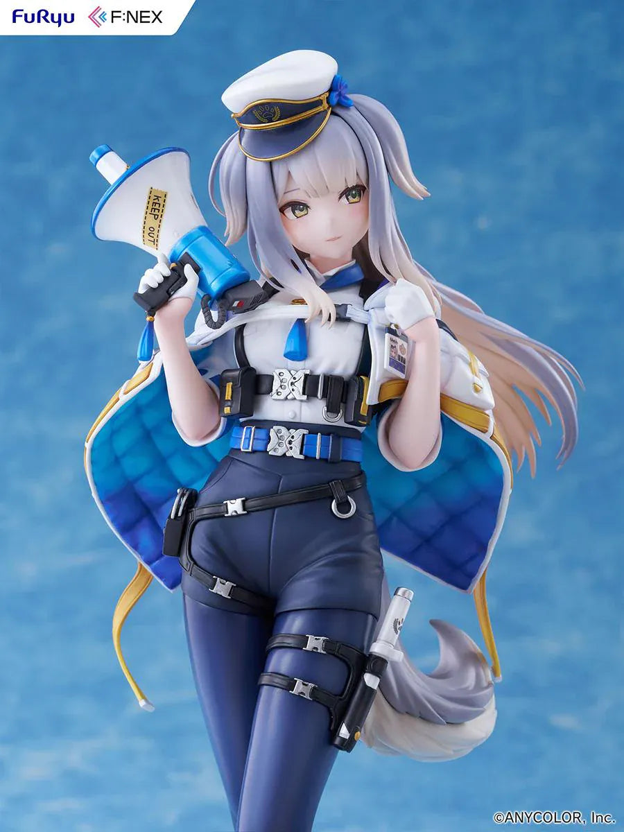 Nijisanji Ruri Shioriha 1/7 scale figure featuring megaphone accessory, silver hair, and detailed blue-and-white outfit