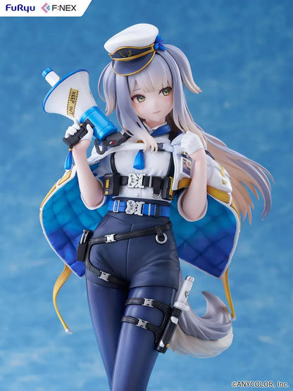 Nijisanji Ruri Shioriha 1/7 scale figure featuring megaphone accessory, silver hair, and detailed blue-and-white outfit