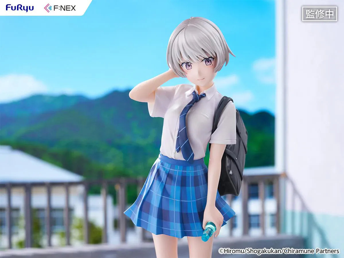 Chitose Is in the Ramune Bottle Asuka Nishino 1/7 Scale Figure with short silver hair, blue plaid skirt, school uniform outfit, backpack, drink bottle accessory, and display base