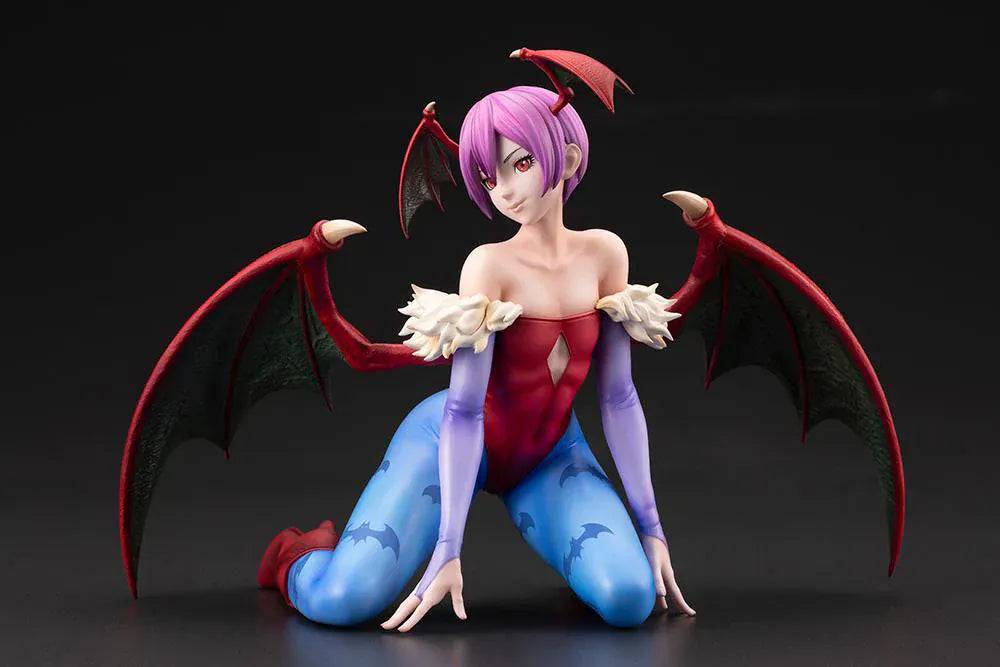 Darkstalkers Lilith 1/7 Scale Figure featuring Lilith with purple hair, bat wing accents, red-and-blue outfit details, and a playful seated pose.