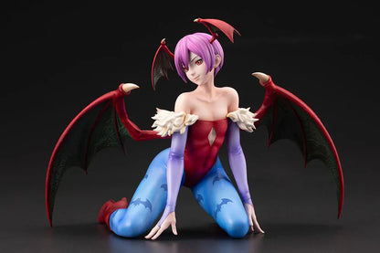 Darkstalkers Lilith 1/7 Scale Figure featuring Lilith with purple hair, bat wing accents, red-and-blue outfit details, and a playful seated pose.