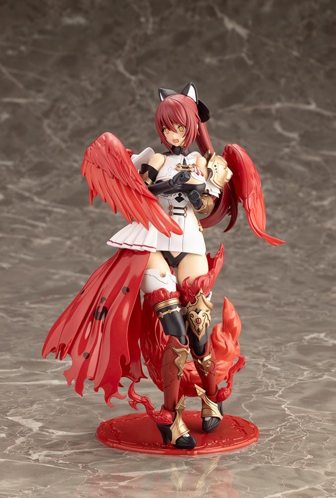 Assembled Arcanadea Charmed model kit with red hair, animal ears, a white and black outfit, gold armor accents, and a sweeping flame-like red tail.