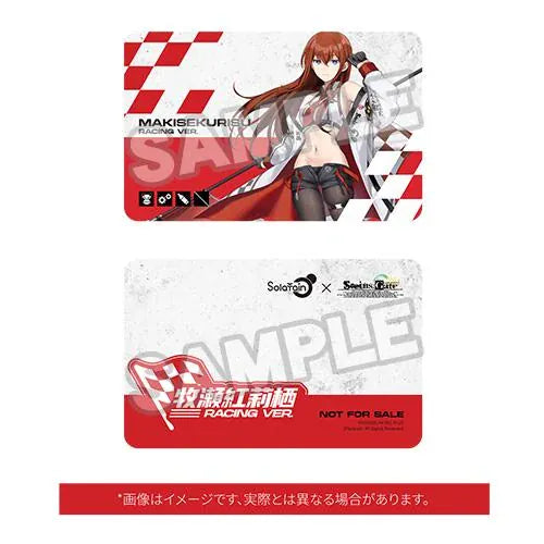 STEINS;GATE Kurisu Makise Racing Ver. set featuring a 1/7 scale figure on a road-inspired base and a matching seated plushie, both with red flags.