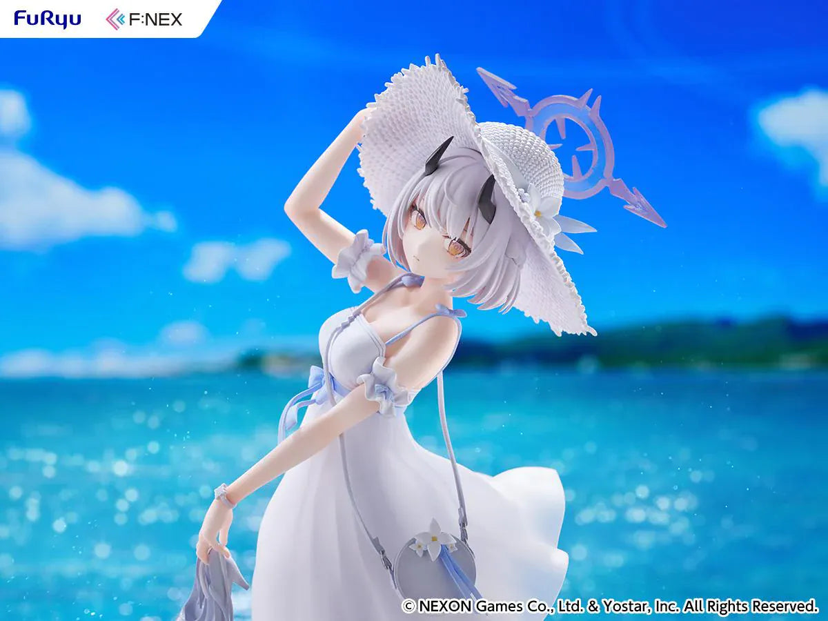 Blue Archive Sena Casual 1/7 Scale Figure featuring Sena with short silver hair, white dress, wide-brim hat, sandals in hand, and seaside-themed display base.