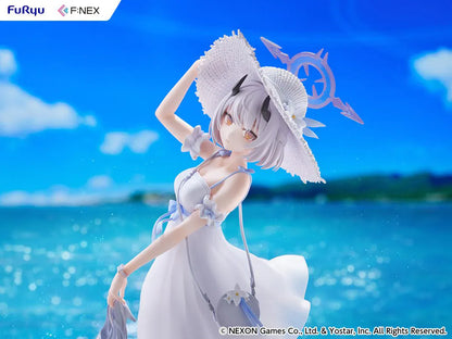 Blue Archive Sena Casual 1/7 Scale Figure featuring Sena with short silver hair, white dress, wide-brim hat, sandals in hand, and seaside-themed display base.