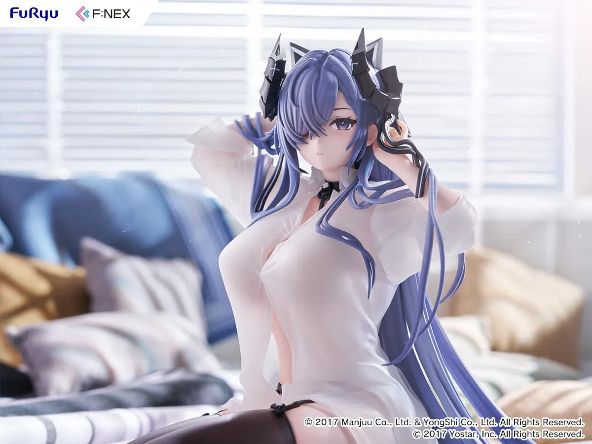 Azur Lane August von Parseval The Unhulde's Midday Respite 1/6 Scale Figure seated in white shirt with long blue hair and dark thigh-high stockings