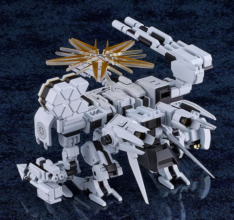 Blue Archive MODEROID Daath Model Kit featuring a white and black armored mecha design with gold effect parts and detailed mechanical styling