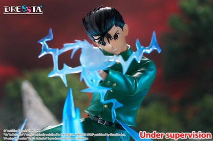 Yu Yu Hakusho Dressta Yusuke Urameshi Figure in green school uniform with blue spirit energy effect and rocky display base