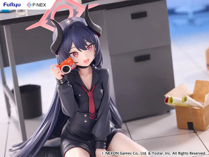 Blue Archive Chiaki Memorial Lobby Ver. 1/7 Scale Figure seated with dark outfit, horn details, pink halo, and camera accessory