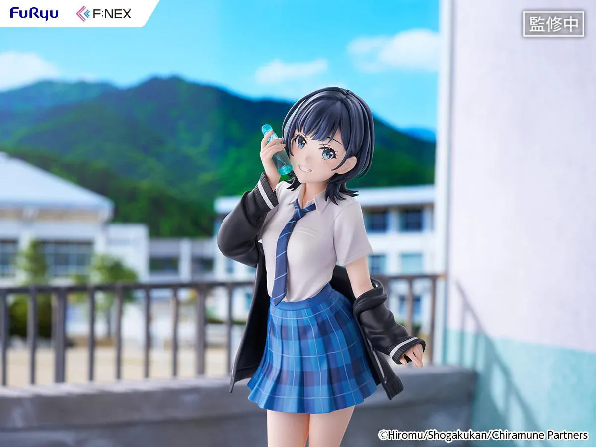Chitose Is in the Ramune Bottle Yuzuki Nanase 1/7 Scale Figure with short dark hair, blue plaid skirt, school uniform outfit, drink bottle accessory, and display base