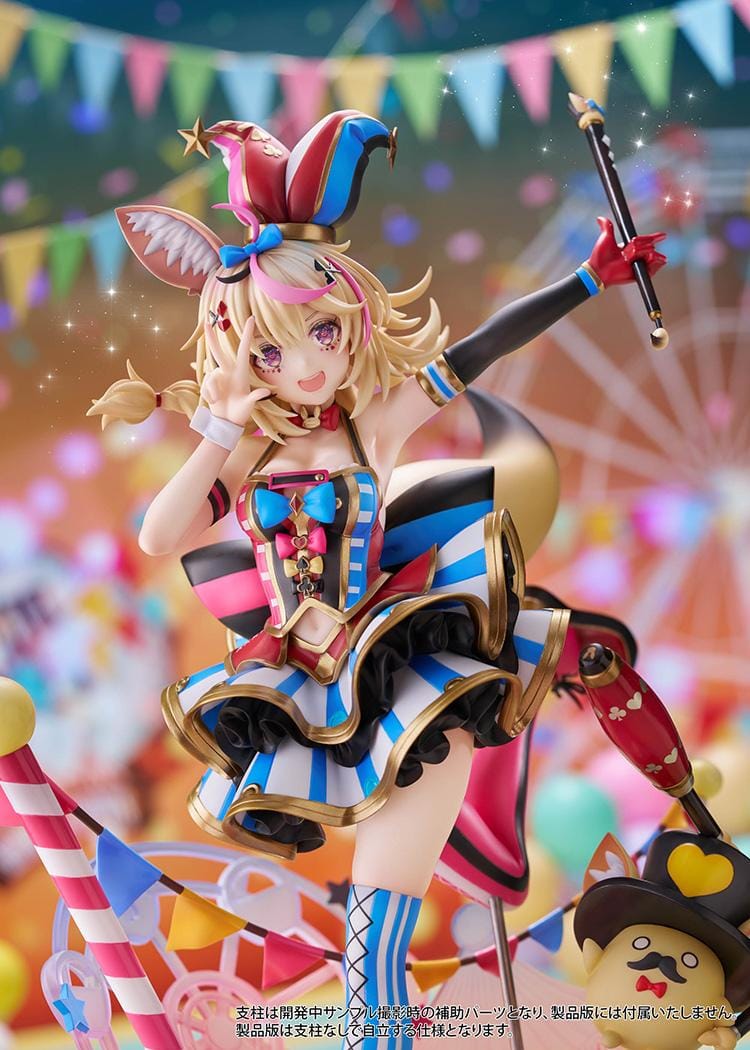 hololive production Omaru Polka 1/7 Scale Figure with jester outfit, fox ears, baton, colorful circus base, and dynamic pose