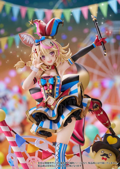 hololive production Omaru Polka 1/7 Scale Figure with jester outfit, fox ears, baton, colorful circus base, and dynamic pose