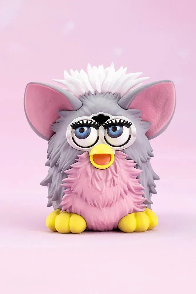 Furby Bishoujo Figure with fashionable character in sunglasses, fuzzy jacket, yellow boots, Furby companion, and glittery display base