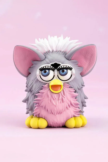 Furby Bishoujo Figure with fashionable character in sunglasses, fuzzy jacket, yellow boots, Furby companion, and glittery display base