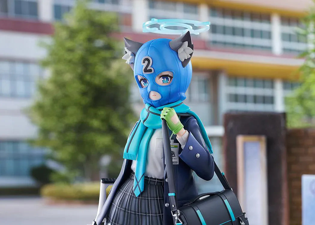 Blue Archive Shiroko 1/7 Scale Figure with silver-gray hair, wolf ears, blue halo, scarf, shoulder bag, and weapon accessory