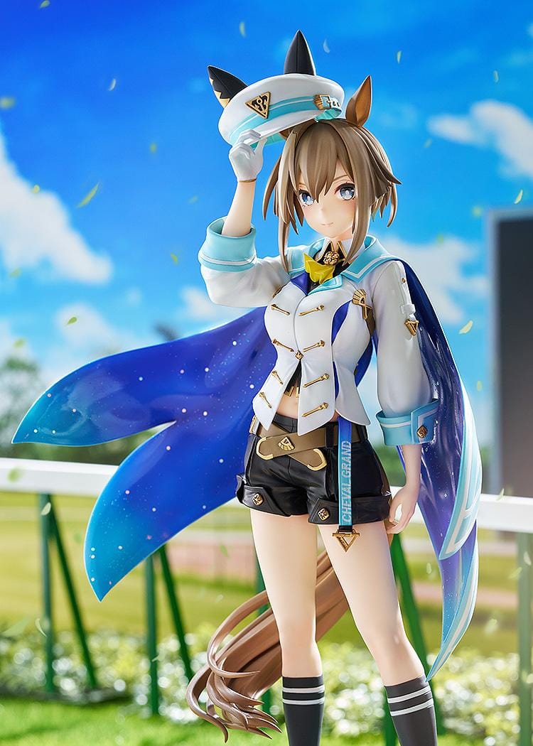 Umamusume Pretty Derby Cheval Grand 1/7 Scale Figure Rerelease featuring Cheval Grand with horse ears, blue-and-white race outfit, starry blue cape, cap, and sporty boots.