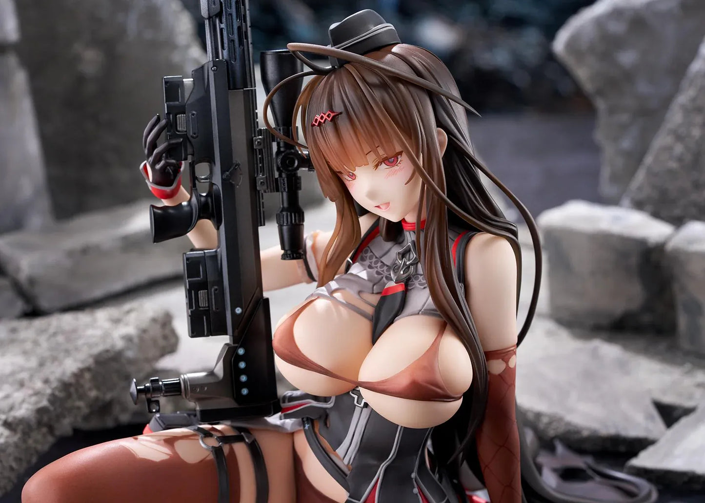 Girls' Frontline GD DSR-50 Heavy Damage 1/7 Scale Figure seated with long brown hair, tactical outfit, sniper rifle accessory, and clear display base