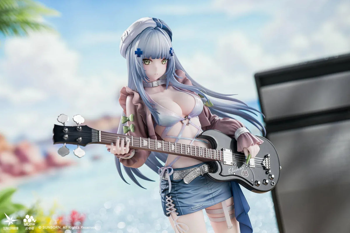 Girls' Frontline Klukai 10th Anniversary 1/6 scale figure with pale blue hair, a beret, brown jacket, blue skirt, and black bass guitar.