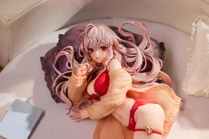 Makia 1/7 scale figure lying on a large fluffy white round base, wearing a cardigan and red lingerie, resting on a purple pillow